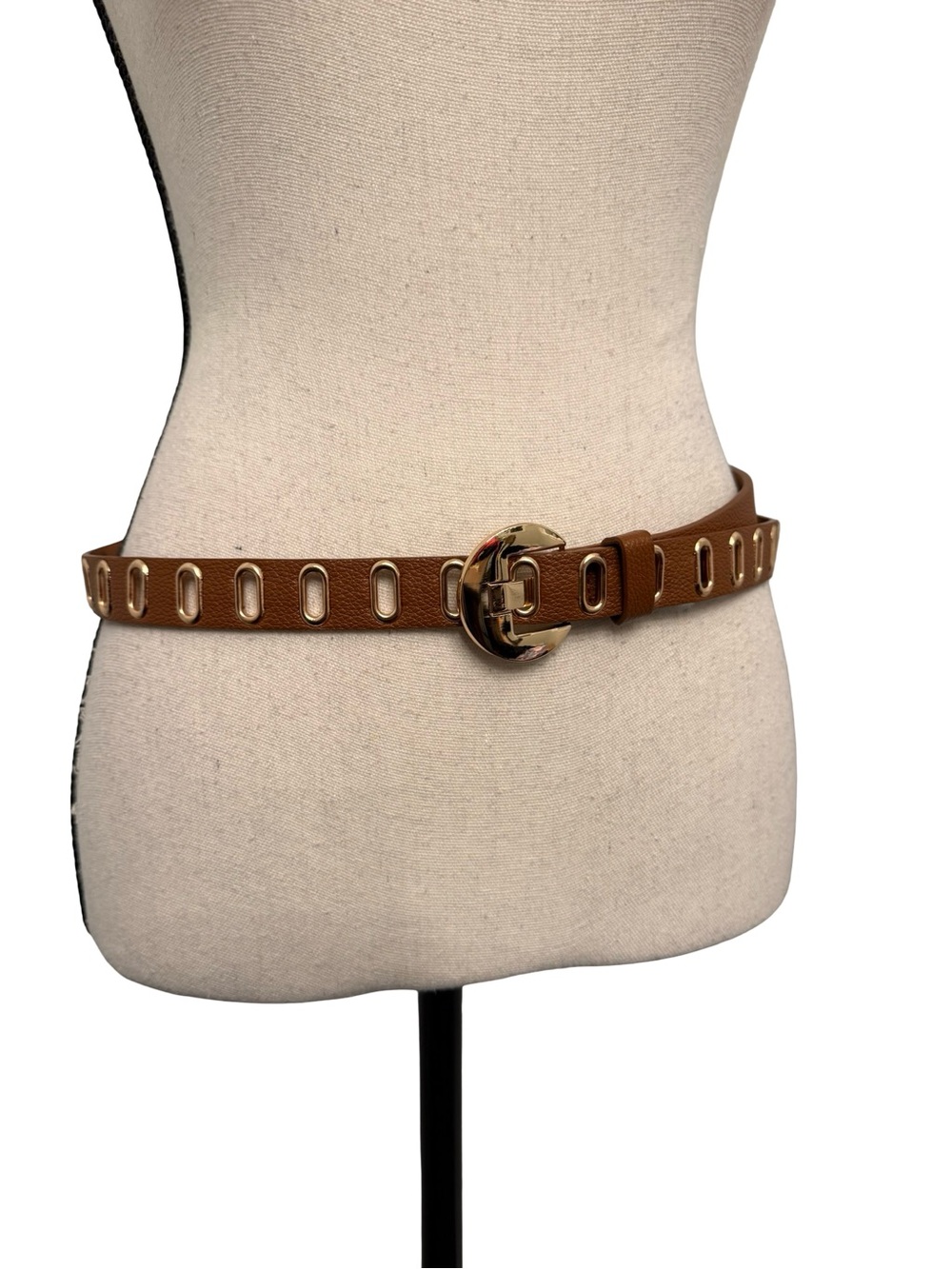Brown Faux Leather Gold Grommet Waist Belt Oval Buckle Boho 45", 7/8” Wide